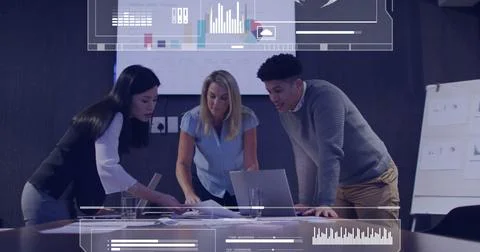 Business team analyzing documents with data visualization image over them Stock Photos