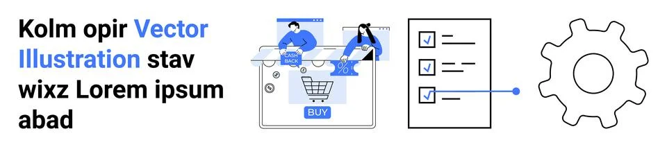 Business team analyzing e-commerce strategies using online shopping cart, che Illustrazione stock