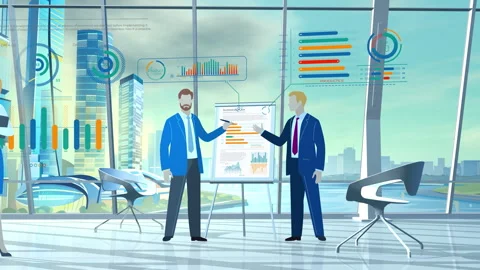 Business team analyzing financial data on a transparent screen panel Stock Footage 335887013