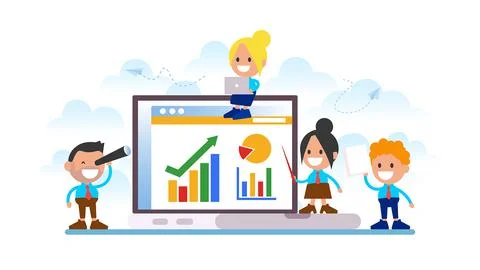 Business team analyzing statistics in computer.	 스톡 일러스트