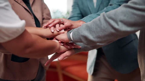 Business, team and hands with stack in office for pre pitch motivation, project Stock Footage 336259896