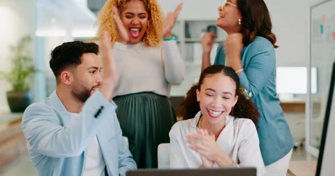Business, team and high five for achievement, celebration and website launch in Stock Footage 232605789