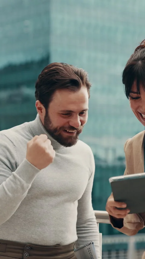 Business, team and high five in city with tablet, success and opportunity for Stock Footage 338089375