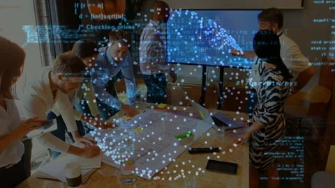 Business team annotating large plan, presenter gesturing at display, 3D code Stock Footage 333105504
