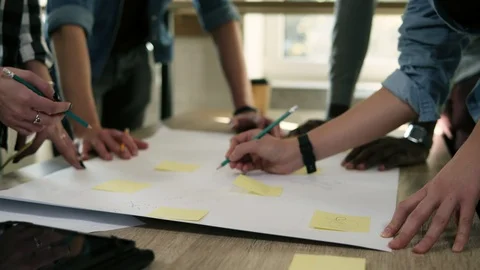 Business team brainstorming. Planning steps with yellow stickers pointing on Stock Footage