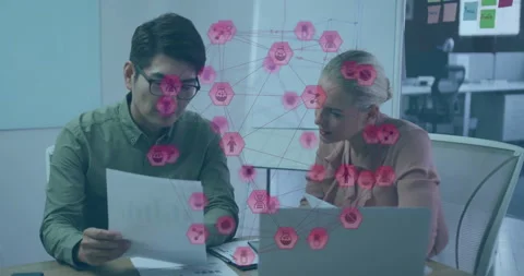 Business team browsing printed chart and launching pink hexagon data overlay Stock Footage 313149759