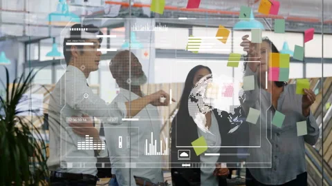 Business team collaborating with data analytics animation overlay in modern Stock Footage 306226668