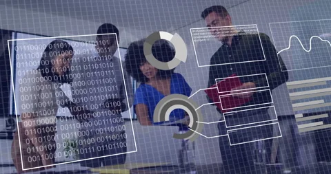 Business team collaborating with data charts and binary code animation Stock Footage 306817712