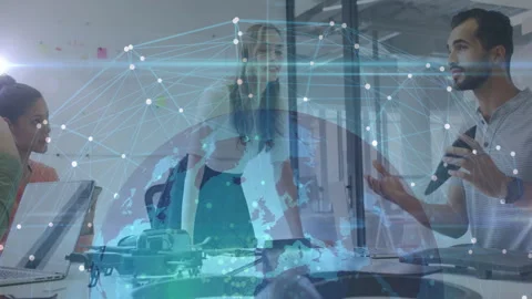 Business team collaborating with digital network and globe animation overlay Video stock 304857120