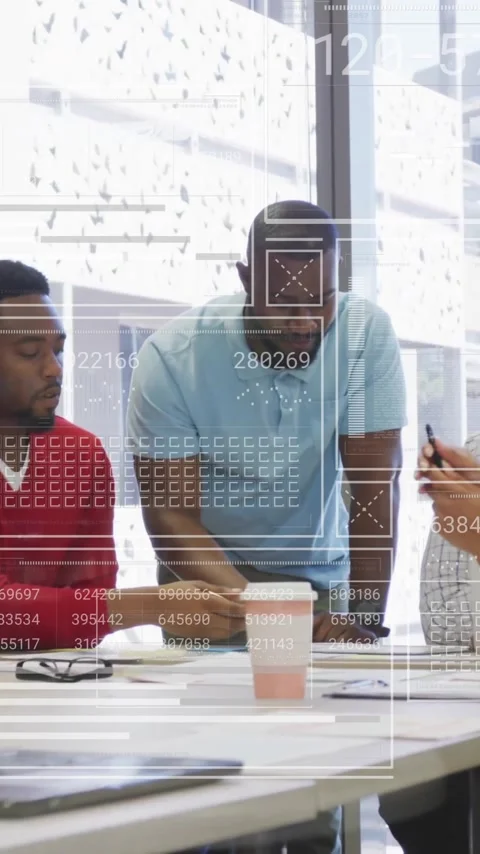 Business team collaborating at office with data processing animation overlay Stock Footage 319727356