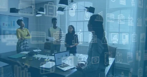 Business team collaborating in office with digital data processing animation Stock Footage 330662339