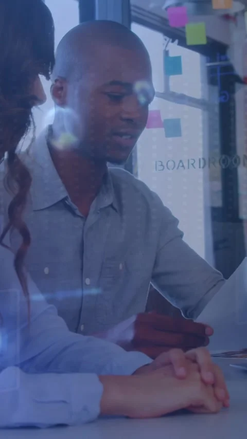 Business team collaborating at office with digital data processing animation Stock Footage 344370448