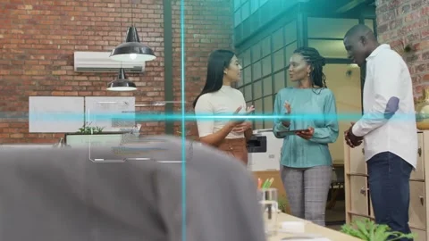 Business team collaborating in office, left woman explaining as center tapping Stock Footage 333234015