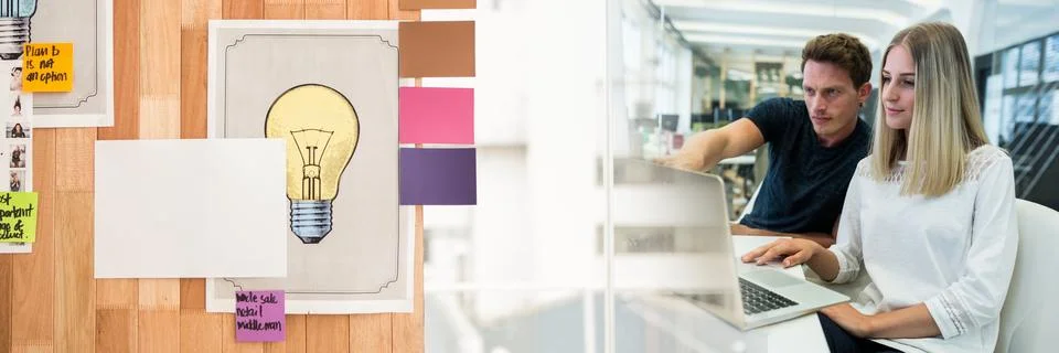 Business team at computer with sticky notes transition 스톡 사진