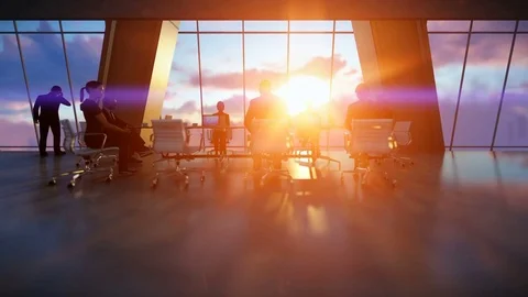 Business team in conference room, rear view sunset, zoom in Stock Footage