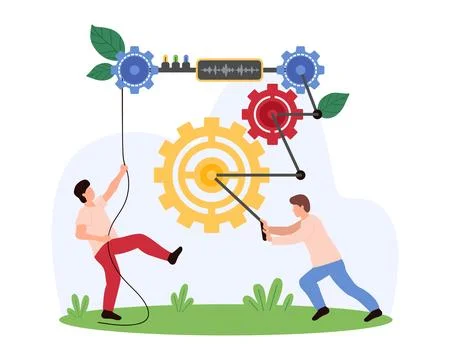 Business team cooperation process, unity of employee in company, tiny people Illustrazione stock