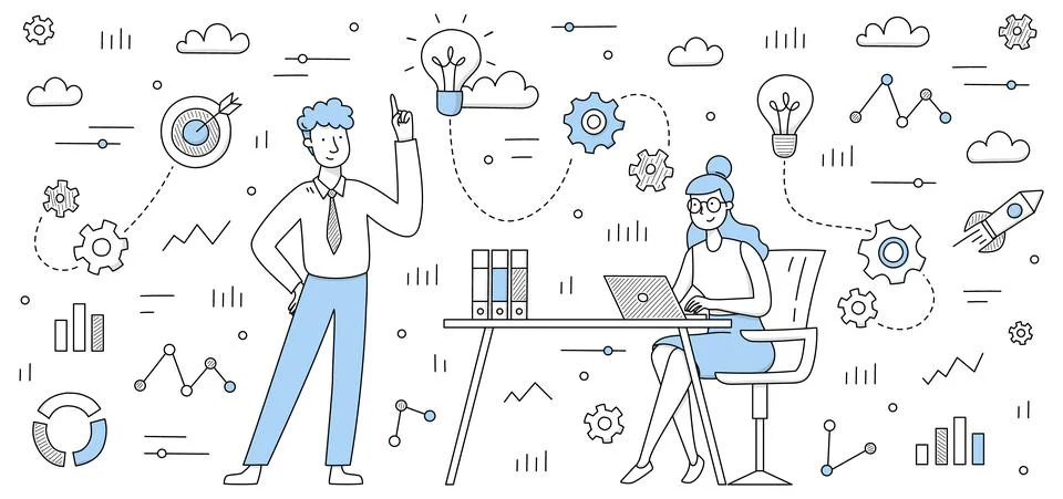 Business team develop idea, colleagues working Stock Illustration