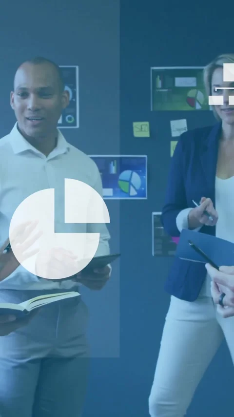 Business team discussing data analytics with charts and graphs overlay animation Stock Footage 344285238