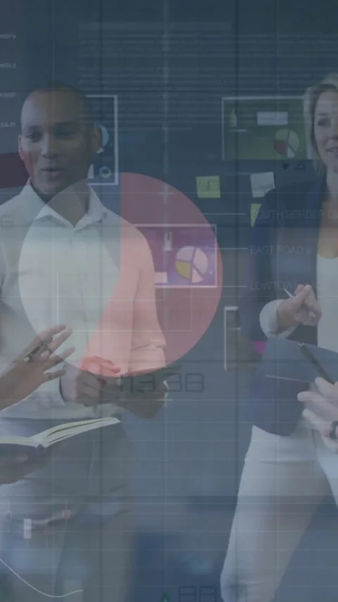 Business team discussing data, financial analytics animation over office setting Stock Footage 342916216