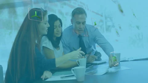 Business team discussing documents with digital data processing animation Stock Footage 306227667