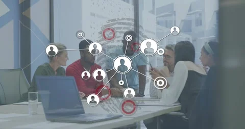Business team discussing notes, red circles marking data, globe emerging, icons Stockbeeldmateriaal 318063678