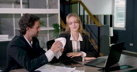 Business team discussing problems during difficult office meeting reacting to 스톡 동영상 329459316