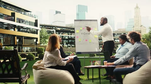 Business team discussing strategy roadmap for whiteboard presentation Stock Footage 338385374