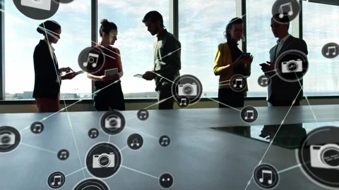 Business team exchanging papers, tapping phones for review, building icon Stock Footage 333968611