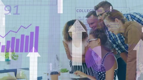 Business team gathering while seated woman clicking and creating data overlays Stock Footage 334728815