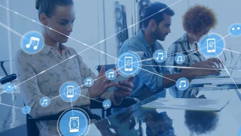 Business team at glass table, mobile icon popping into network sharing data Stock Footage 334034836