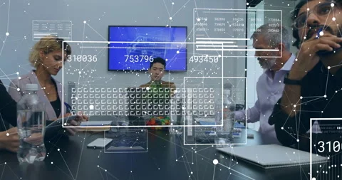 Business team initiating node overlay and tracking updating number panels on Video stock 312019363