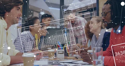Business team leaning around table in office, with floating data charts guiding Stock Footage 308572282
