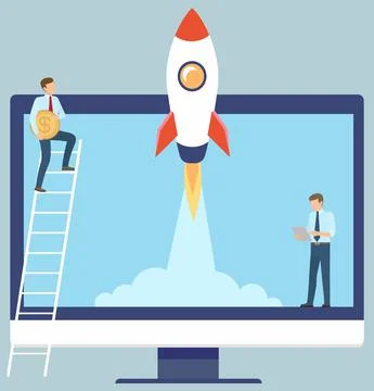 Business team make new project standing near laptop, start up concept. Rocket Stock Illustration