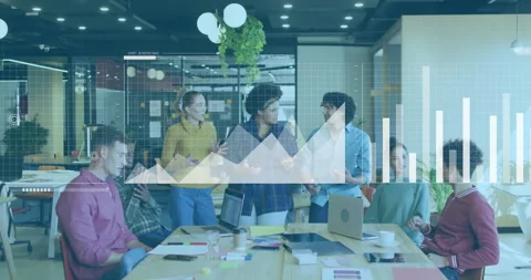 Business team in office discussing, data visualization animation over workspace Stock Footage 305727490