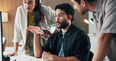 Business, team or advice with computer in office for market shift, explain stock Stock Footage 329385194