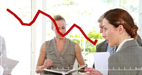 Business team passing documents and consulting binder on red chart overlay 스톡 동영상 328417833