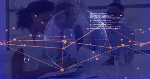 Business team pointing at tablet, activating wireframe globe and golden network Stock Footage 311963009