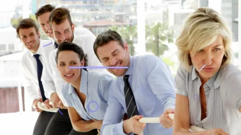 Business team pulling thick rope, purple overlays appearing and sparking Stock Footage 331713006