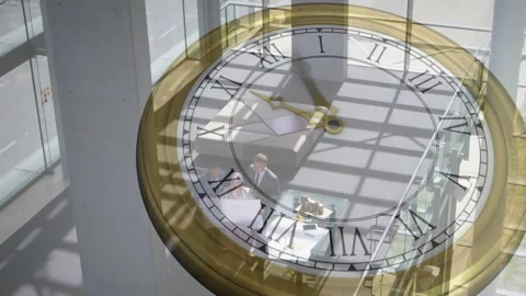 Business team reading papers, man rising taking doc, gold clock over table, Stock Footage 334040778