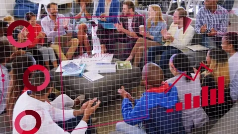 Business team reviewing data at table, red globe and grid appearing, evolving Stock Footage 333734437