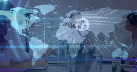 Business team reviewing docs as map fading in over team, UI connecting icons for Stock Footage 312071566
