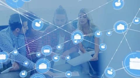 Business team reviewing docs on table, blue envelope appearing and spawning Stock Footage 333425819