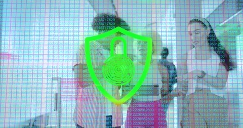 Business team scanning devices, code grid overlay pulsing, enabling fingerprint Video stock 316563957