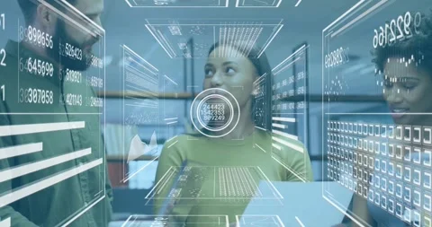 Business team scanning document in office, revealing hologram data panels and Stock Footage 329923193