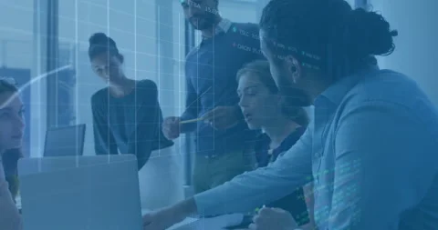 Business team scrolling data on laptop, generating floating graphs and code Video stock 312083020