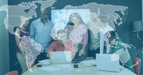 Business team seeing screen update and leaning over laptops, map overlay Stock Footage 334114394