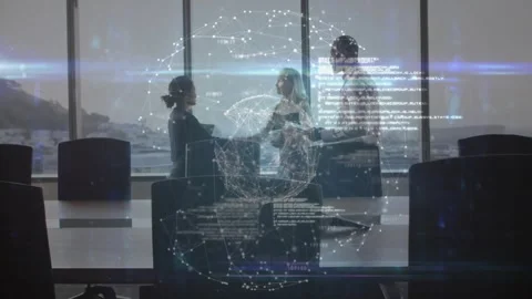 Business team shaking hands when man entering with tablet, exchanging docs under Stock Footage 319853226
