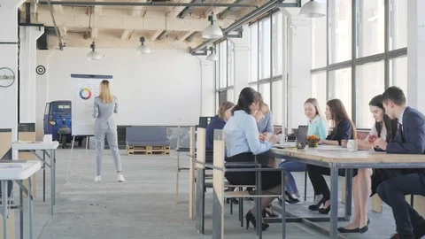 A business team sits at a large table and holds a meeting. Nearby the manager is Stock Footage 109419551