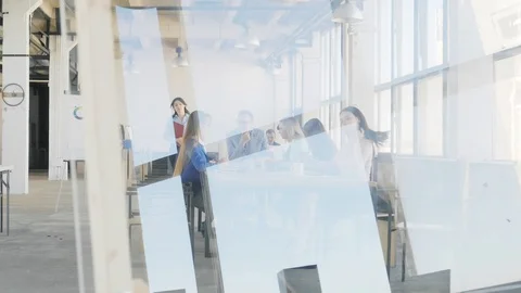 A business team sits at a large table and holds a meeting. A female manager Stock Footage 109419893
