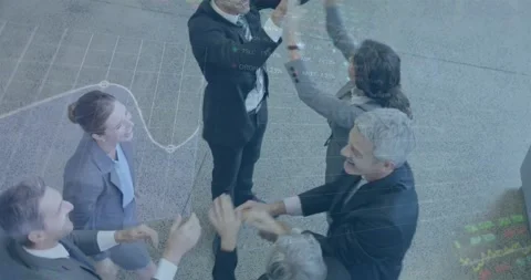 Business team of six stacking hands pumping celebrating high-fives and handshake Video stock 329122428